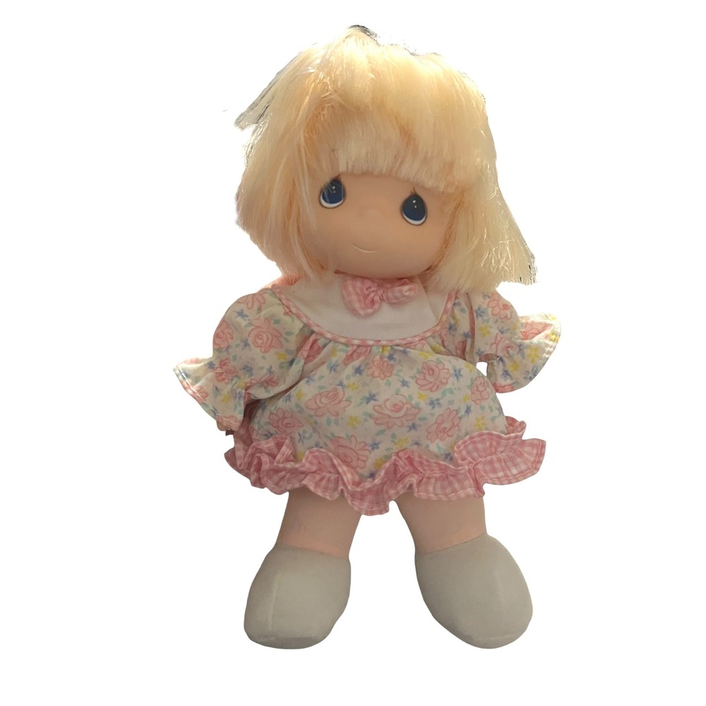 Precious Moments Blonde Hair Blue Eye Plush Doll Floral Dress Pink Ruffle